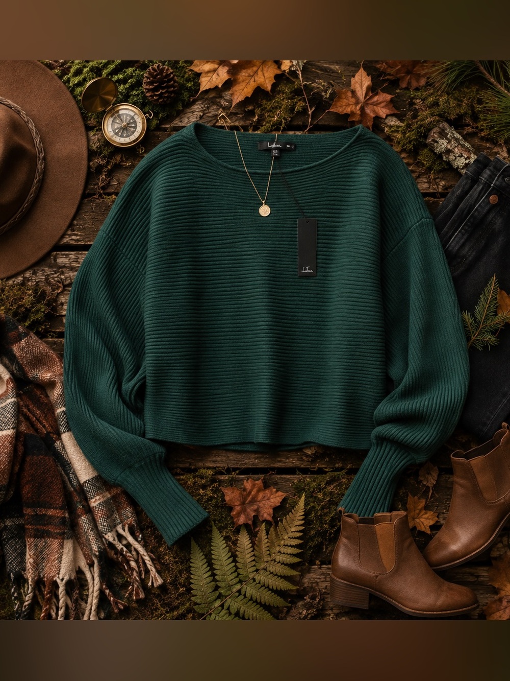 Lulus Classically Cozy Dark Green Ribbed Dolman Sleeve Cropped Sweater NWT Med